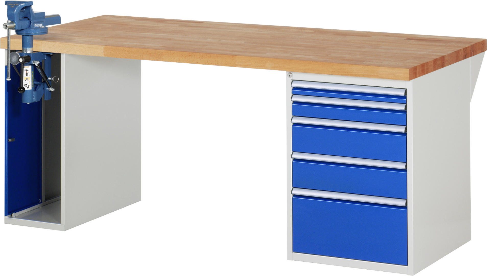 Werkbank Modell 7511 rot - schwarz, BxTxH 2000x900x890 mm,  Buche-Massiv Arbeitsplatte 40 mm,  5 Schubladen mit  Vollauszug 100 % und  SoftClosing