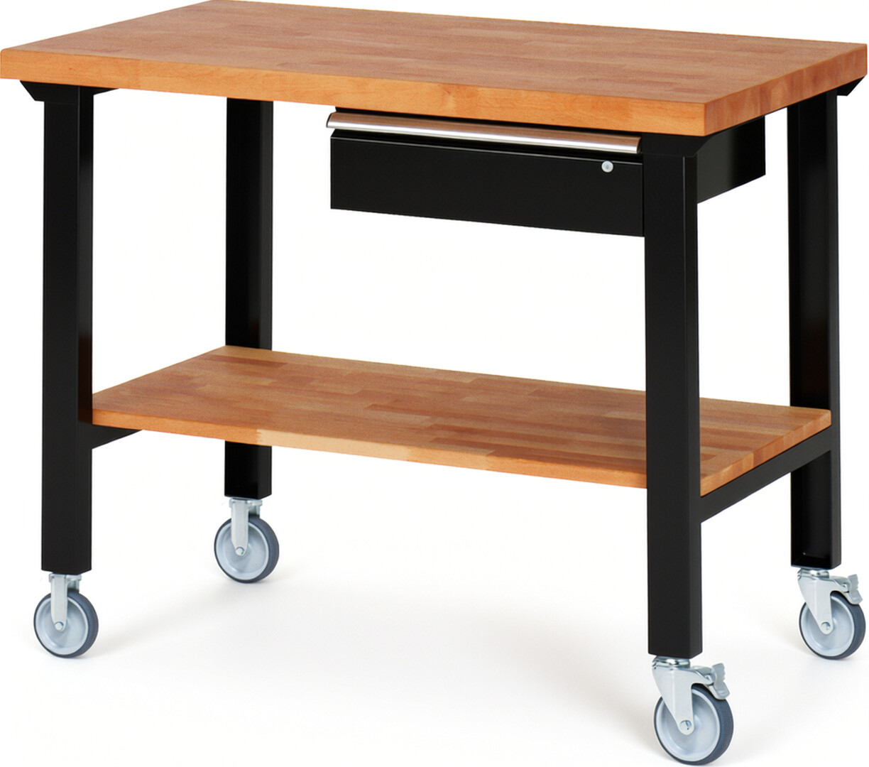 RAU Werkbank schwarz - Breite 125 cm - Tiefe 70 cm - Höhe 100 cm - Buche-Massiv Arbeitsplatte 40 mm