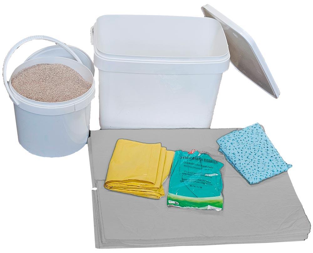 Tragbares Notfallset, Inhalt: 5 l feines Granulat Typ IIIR, 8 Universaltücher(grau), 4 Wischtücher, 2 Säcke, 1 Paar Handschuhe, Auffangvol. 12 l