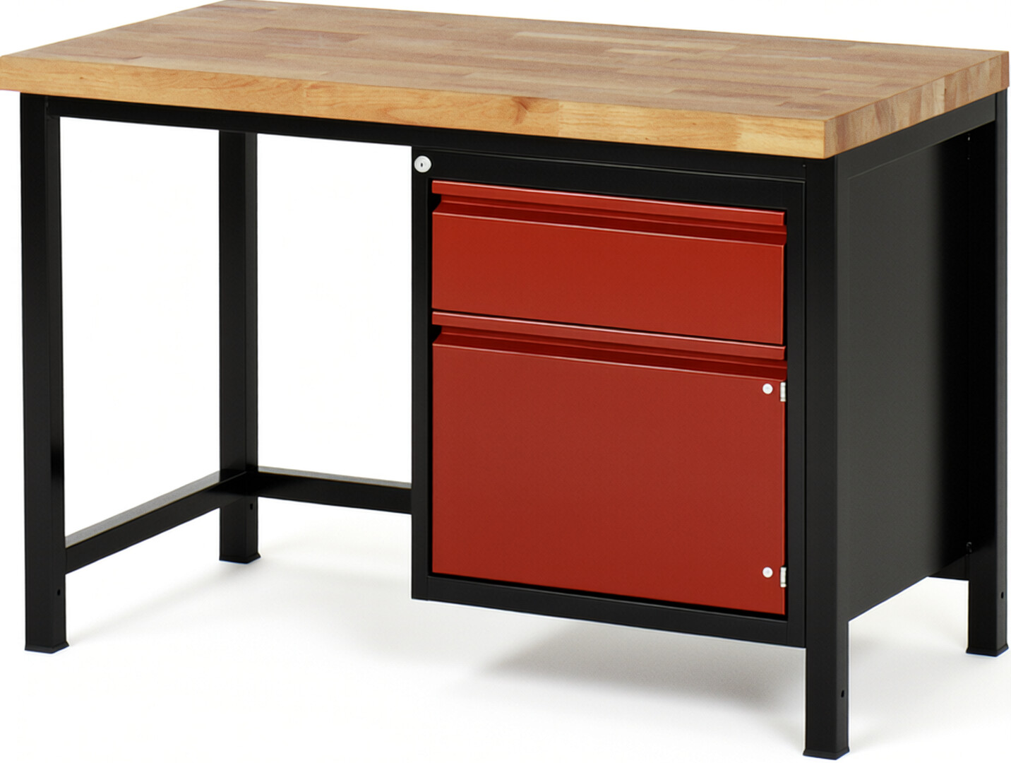 Werkbank schwarz - rot, Breite 125 cm, Tiefe 70 cm, Höhe 104 cm, 1 Schublade(n), Platte: Buche-Massiv-Arbeitsplatte