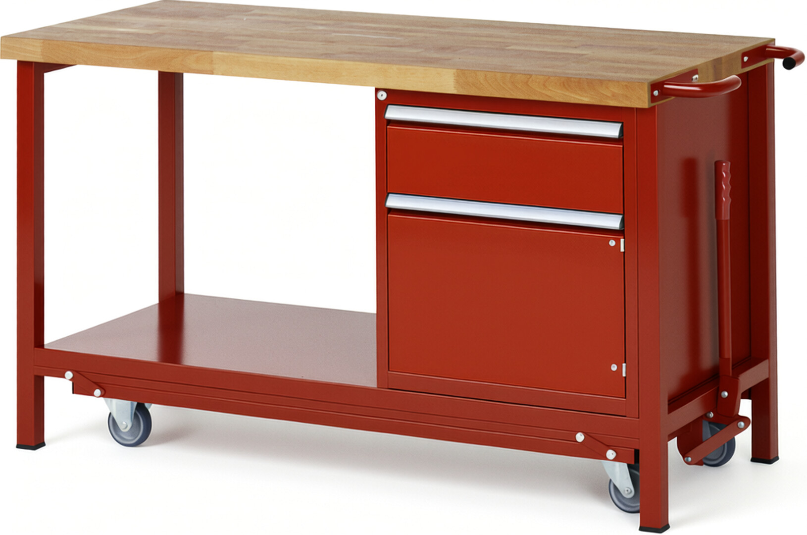 Absenkbare Werkbank Modell 8152 rot, BxTxH 1500x700x880 mm,  Buche-Massiv Arbeitsplatte 40 mm,  1 Schublade mit  Vollauszug 100 % und  SoftClosing