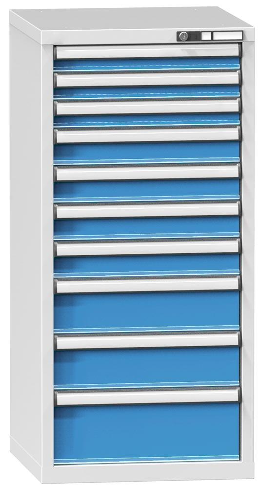 Schubladenschrank, 10 Schubladen: 3x75, 4x100, 2x150, 1x200 mm, BxTxH 578x600x1215 mm, RAL 7035/5012