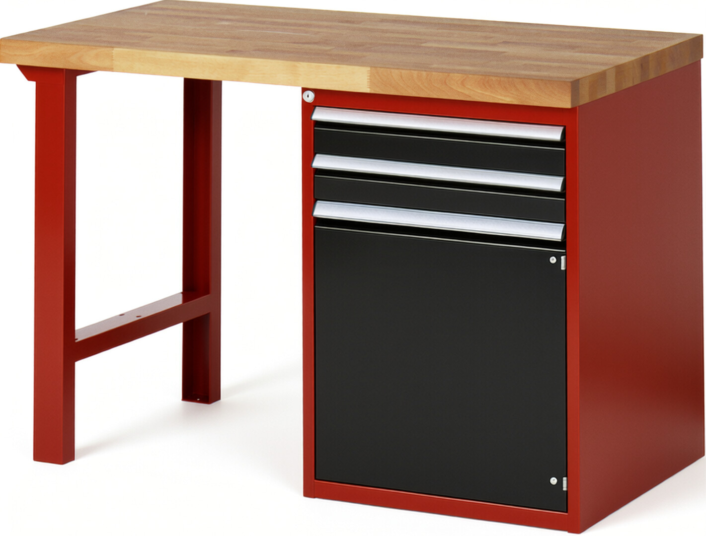Werkbank Modell 7503 rot - schwarz, BxTxH 1250x700x840 mm,  Buche-Massiv Arbeitsplatte 40 mm,  2 Schubladen mit  Auszug 90 %