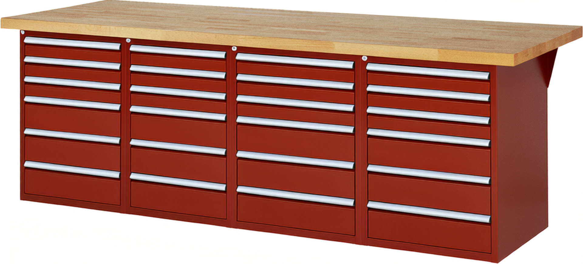 RAU Werkbank rot - Breite 250 cm - Tiefe 90 cm - Höhe 84 cm - Buche-Massiv Arbeitsplatte 40 mm