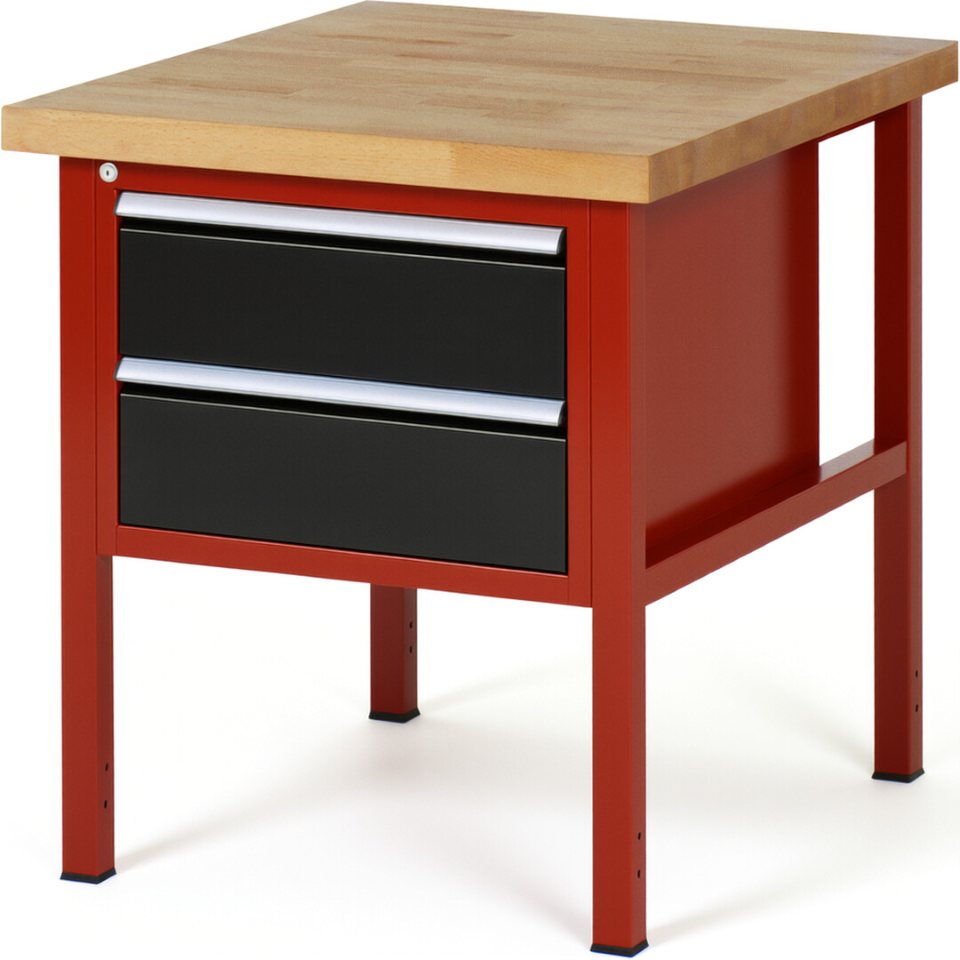 Werkbank Modell 8125 rot - schwarz, BxTxH 750x900x840-1040 mm,  Buche-Massiv Arbeitsplatte 40 mm,  2 Schubladen mit  Auszug 90 %