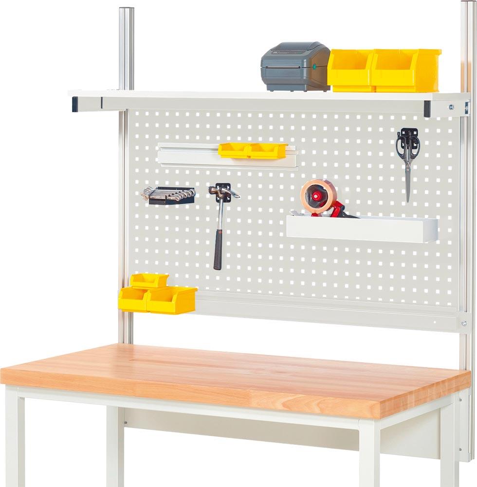 Aufbau für Werkbank B 1250 mm mit Etagenbord, Lochplatte H 650 mm, Halteschiene, RAL 7035