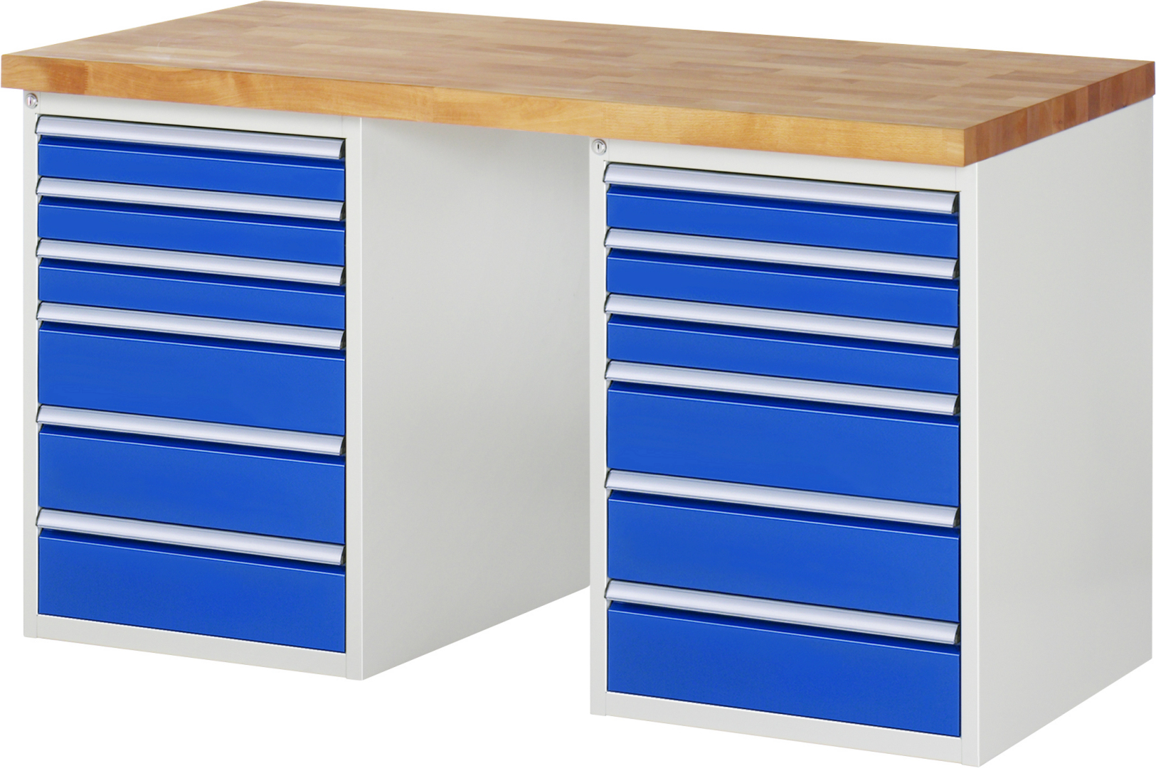 Werkbank Modell 7515 rot - schwarz, BxTxH 1500x700x890 mm,  Buche-Massiv Arbeitsplatte 40 mm,  12 Schubladen mit  Vollauszug 100 % und  SoftClosing