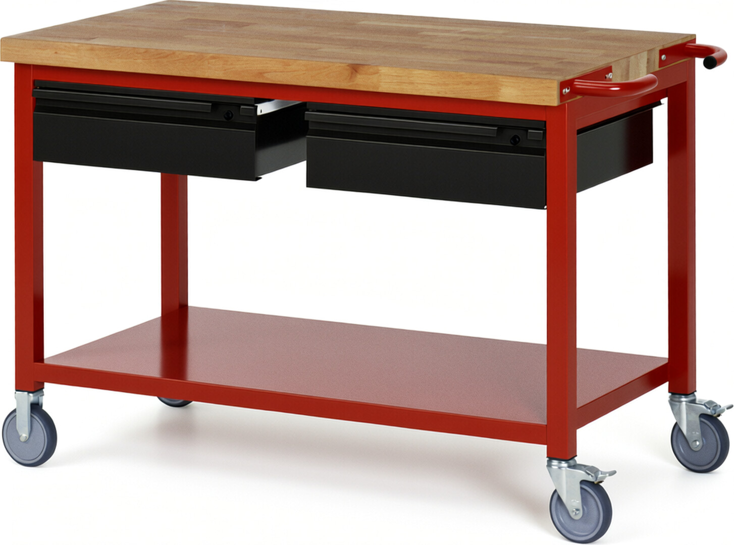 Fahrbare Werkbank - Modell 8002 BASIC rot - schwarz, BxTxH 1250x700x880 mm,  Buche-Massiv Arbeitsplatte 40 mm,  2 Schubladen mit  Auszug 90 %
