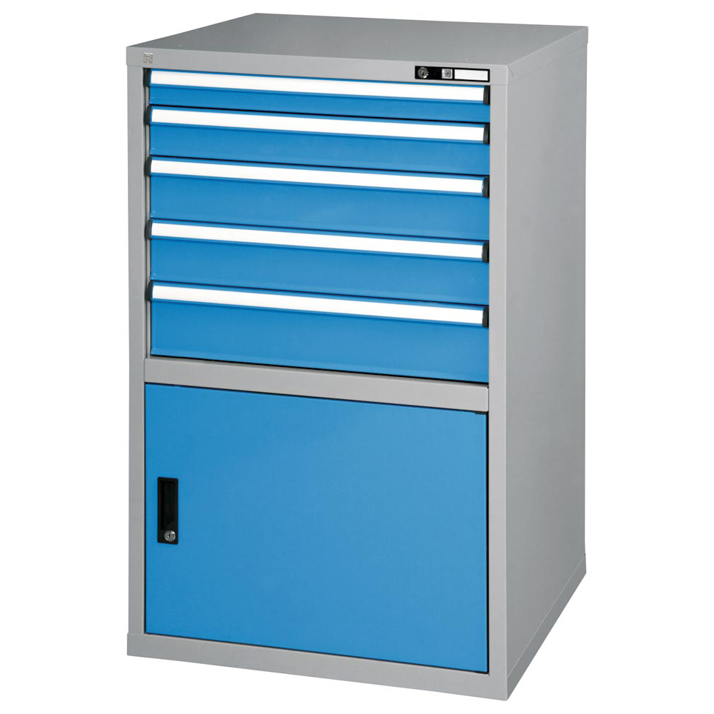 Schubladenschrank, 5 Schubladen: 1x75, 1x100, 2x125, 1x150, 1 Tür 550 mm, BxTxH 731x753x1215 mm, RAL 7035/5012