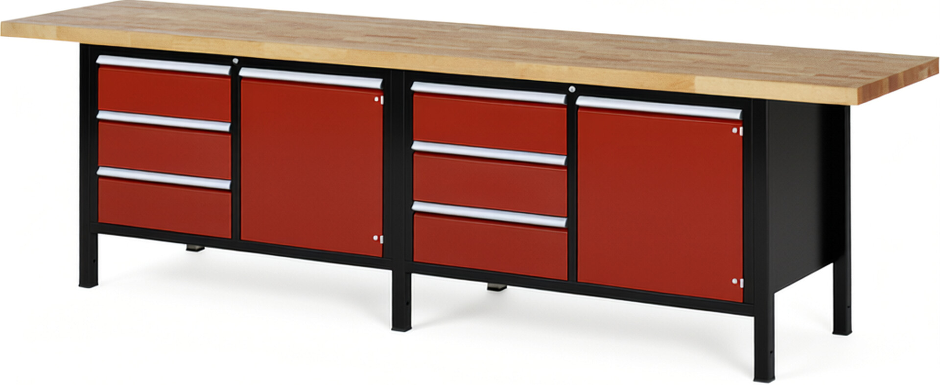 RAU Werkbank schwarz - rot - Breite 300 cm - Tiefe 70 cm - Höhe 104 cm - Buche-Massiv Arbeitsplatte 40 mm