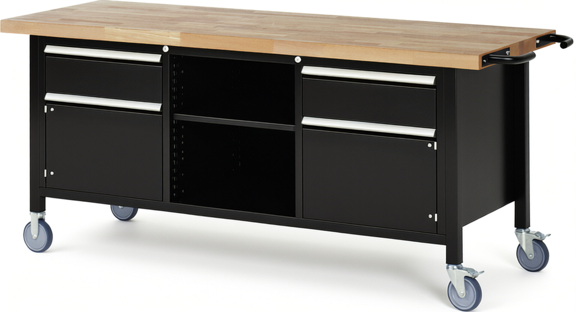 Fahrbare Werkbank Modell 8561 schwarz, BxTxH 2000x700x880-1080 mm,  Buche-Massiv Arbeitsplatte 40 mm,  2 Schubladen mit  Vollauszug 100 % und  SoftClosing