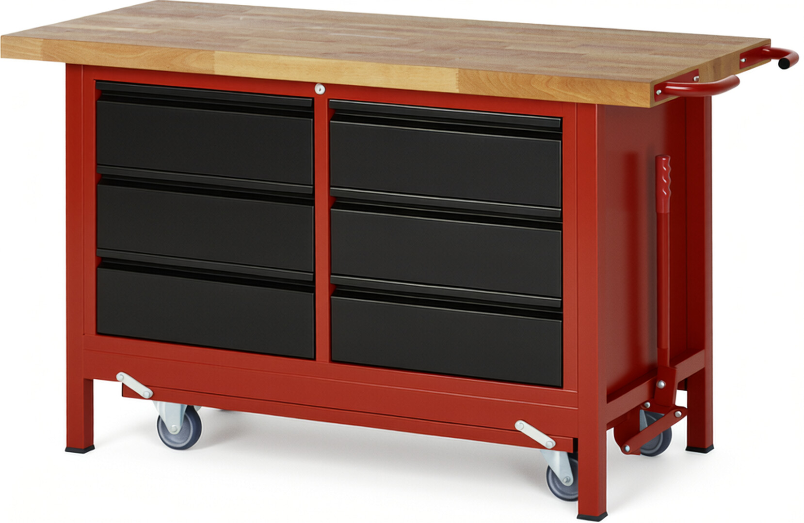 RAU Werkbank rot - schwarz - Breite 150 cm - Tiefe 70 cm - Höhe 88 cm - Buche-Massiv Arbeitsplatte 40 mm