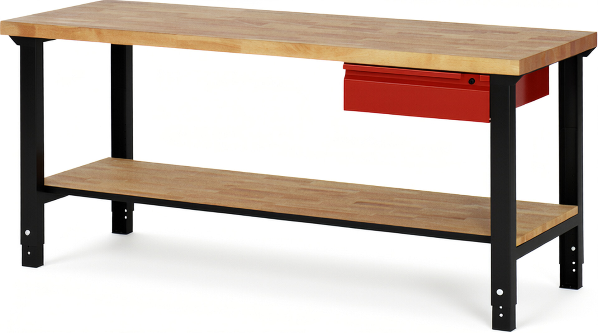 RAU Werkbank schwarz - rot - Breite 200 cm - Tiefe 70 cm - Höhe 114 cm - Buche-Massiv Arbeitsplatte 40 mm