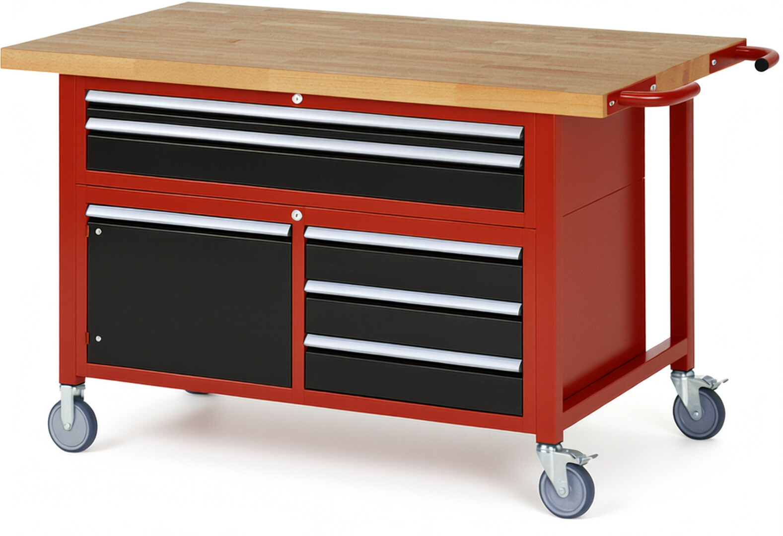 RAU Werkbank rot - schwarz - Breite 150 cm - Tiefe 90 cm - Höhe 112 cm - Buche-Massiv Arbeitsplatte 40 mm