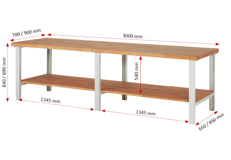 Werkbank Modell 7000 schwarz, BxTxH 3000x700x790-1140 mm,  Buche-Massiv Arbeitsplatte 40 mm