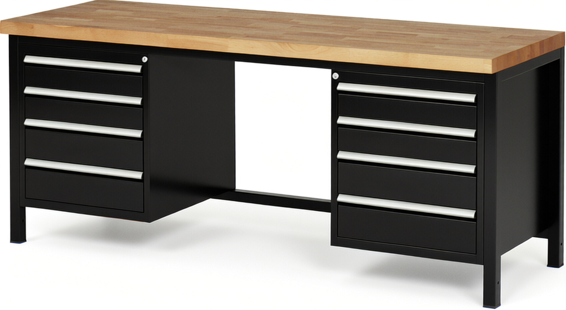 Werkbank Modell 8181 schwarz, BxTxH 2000x700x840-1040 mm,  Buche-Massiv Arbeitsplatte 40 mm,  8 Schubladen mit  Auszug 90 %