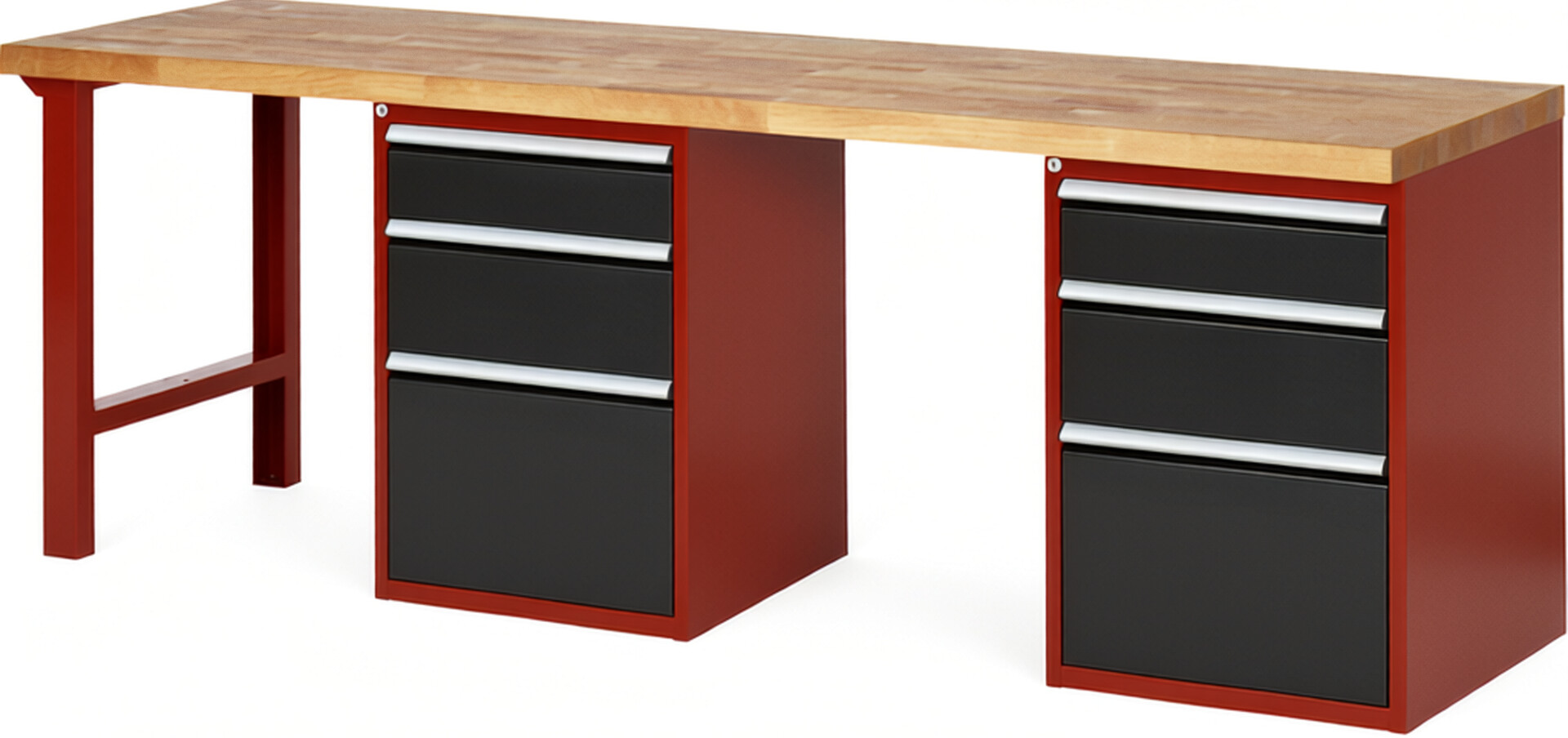 Werkbank Modell 7508 rot - schwarz, BxTxH 2500x700x840 mm,  Buche-Massiv Arbeitsplatte 40 mm,  6 Schubladen mit  Vollauszug 100 % und  SoftClosing