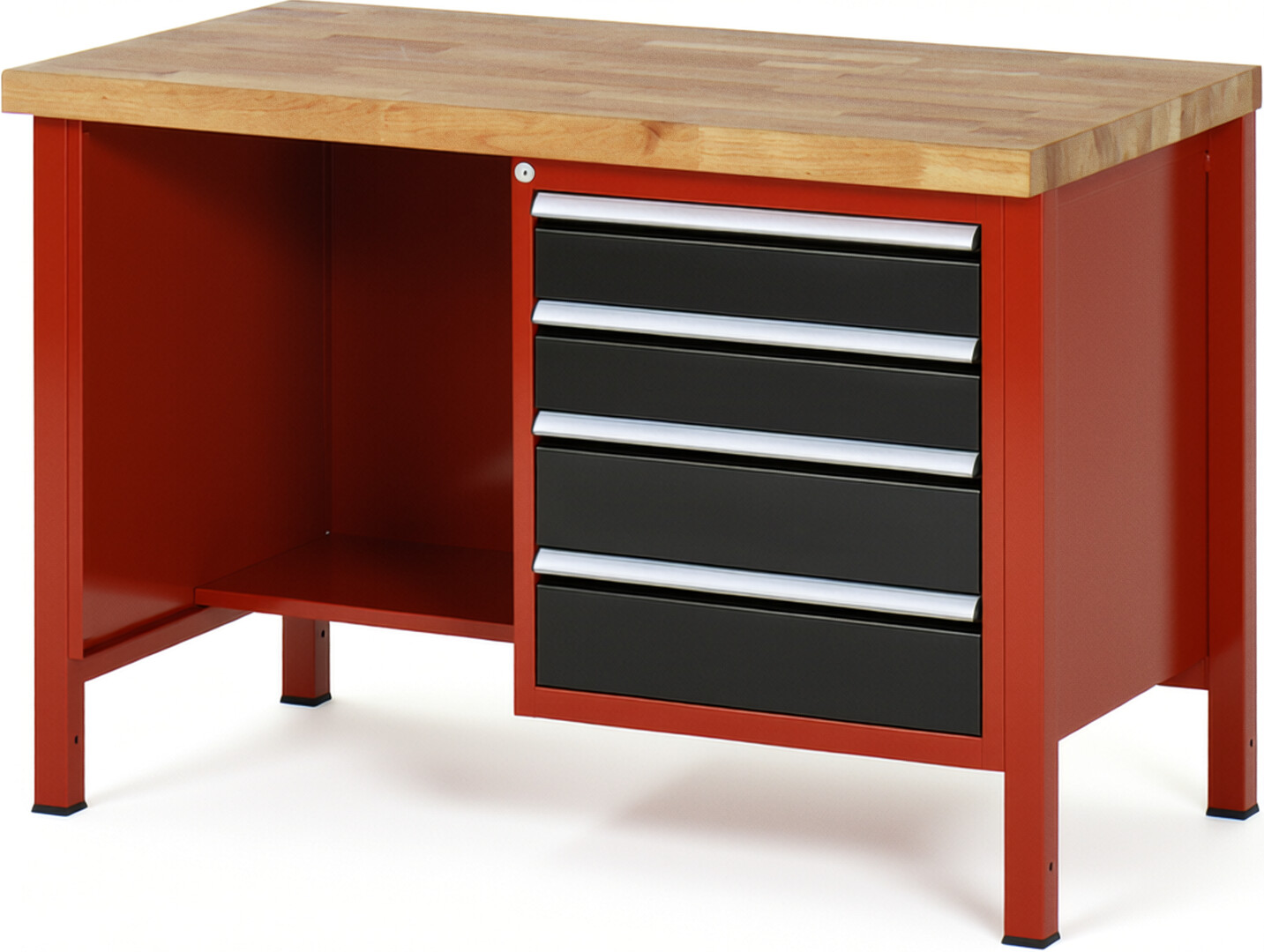 Werkbank Modell 8453 rot - schwarz, BxTxH 1250x700x840-1040 mm,  Buche-Massiv Arbeitsplatte 40 mm,  4 Schubladen mit  Auszug 90 %