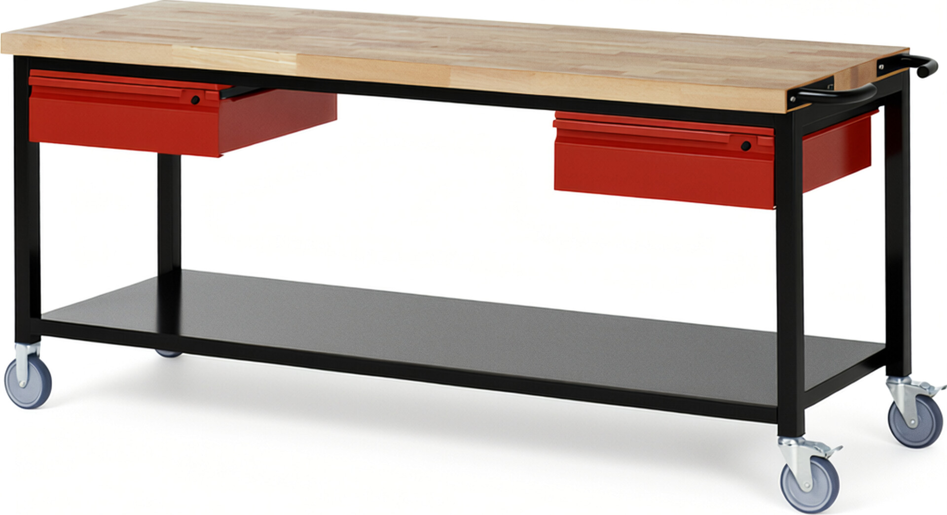 Fahrbare Werkbank - Modell 8002 BASIC schwarz-rot, BxTxH 2000x700x880 mm,  Buche-Massiv Arbeitsplatte 40 mm,  2 Schubladen mit  Auszug 90 %