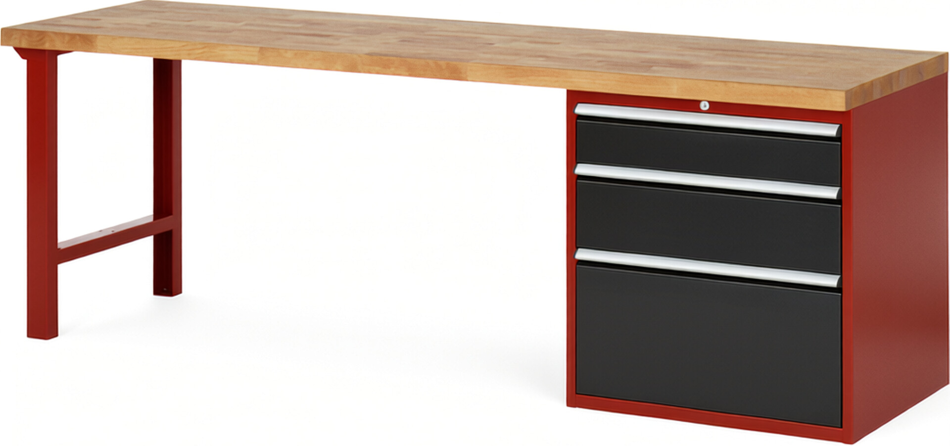 Werkbank Modell 7608 rot - schwarz, BxTxH 2500x700x840 mm,  Buche-Massiv Arbeitsplatte 40 mm,  3 Schubladen mit  Auszug 90 %