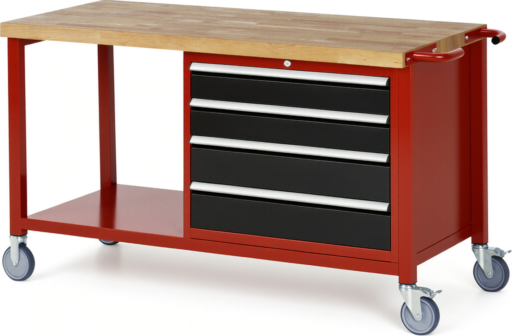 Fahrbare Werkbank Modell 8262 rot - schwarz, BxTxH 1500x700x880 mm,  Buche-Massiv Arbeitsplatte 40 mm,  4 Schubladen mit  Vollauszug 100 % und  SoftClosing