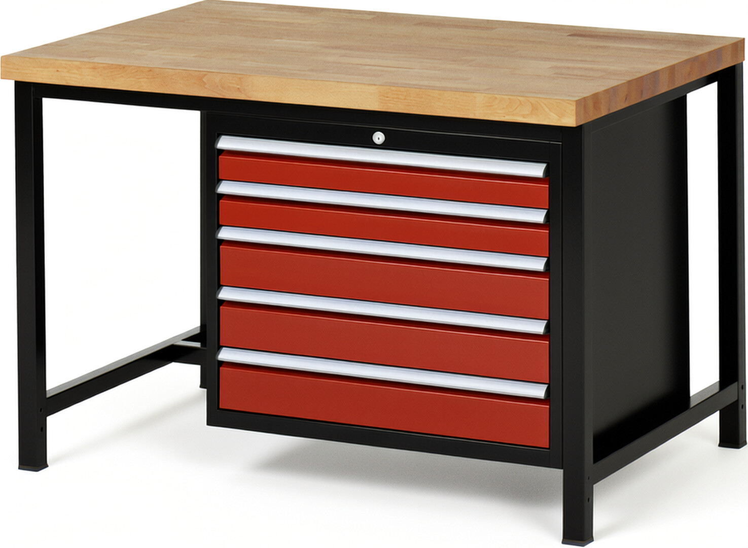 RAU Werkbank schwarz - rot - Breite 125 cm - Tiefe 90 cm - Höhe 104 cm - Buche-Massiv Arbeitsplatte 40 mm