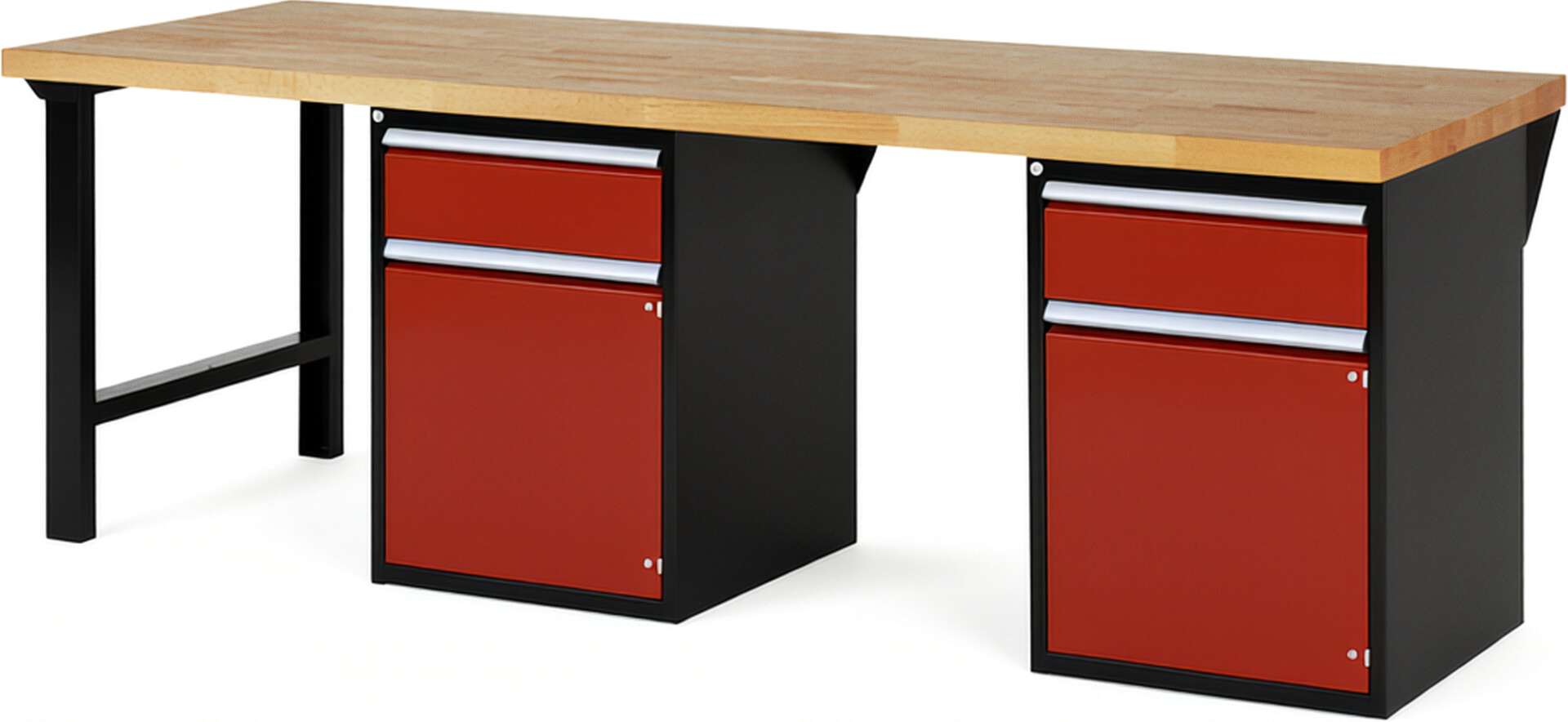 RAU Werkbank schwarz - rot - Breite 250 cm - Tiefe 90 cm - Höhe 89 cm - Buche-Massiv Arbeitsplatte 40 mm