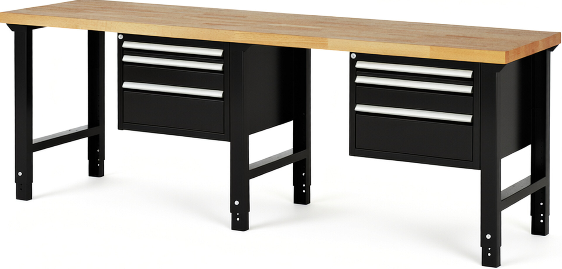 Werkbank Modell 7126 schwarz, BxTxH 2500x700x790-1140 mm,  Buche-Massiv Arbeitsplatte 40 mm,  6 Schubladen mit  Vollauszug 100 % und  SoftClosing