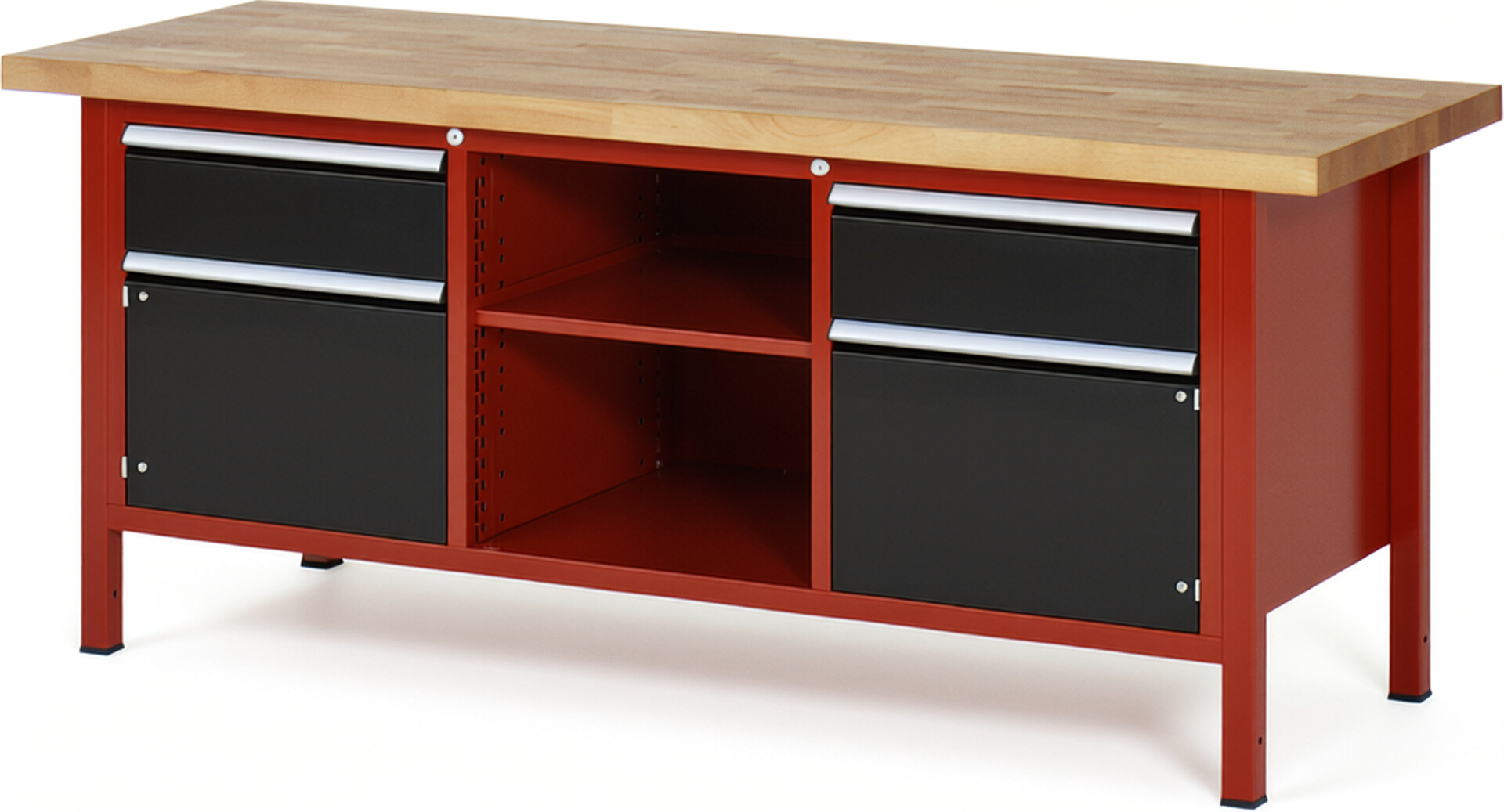 Werkbank Modell 8561 rot - schwarz, BxTxH 2000x700x840-1040 mm,  Buche-Massiv Arbeitsplatte 40 mm,  2 Schubladen mit  Auszug 90 %