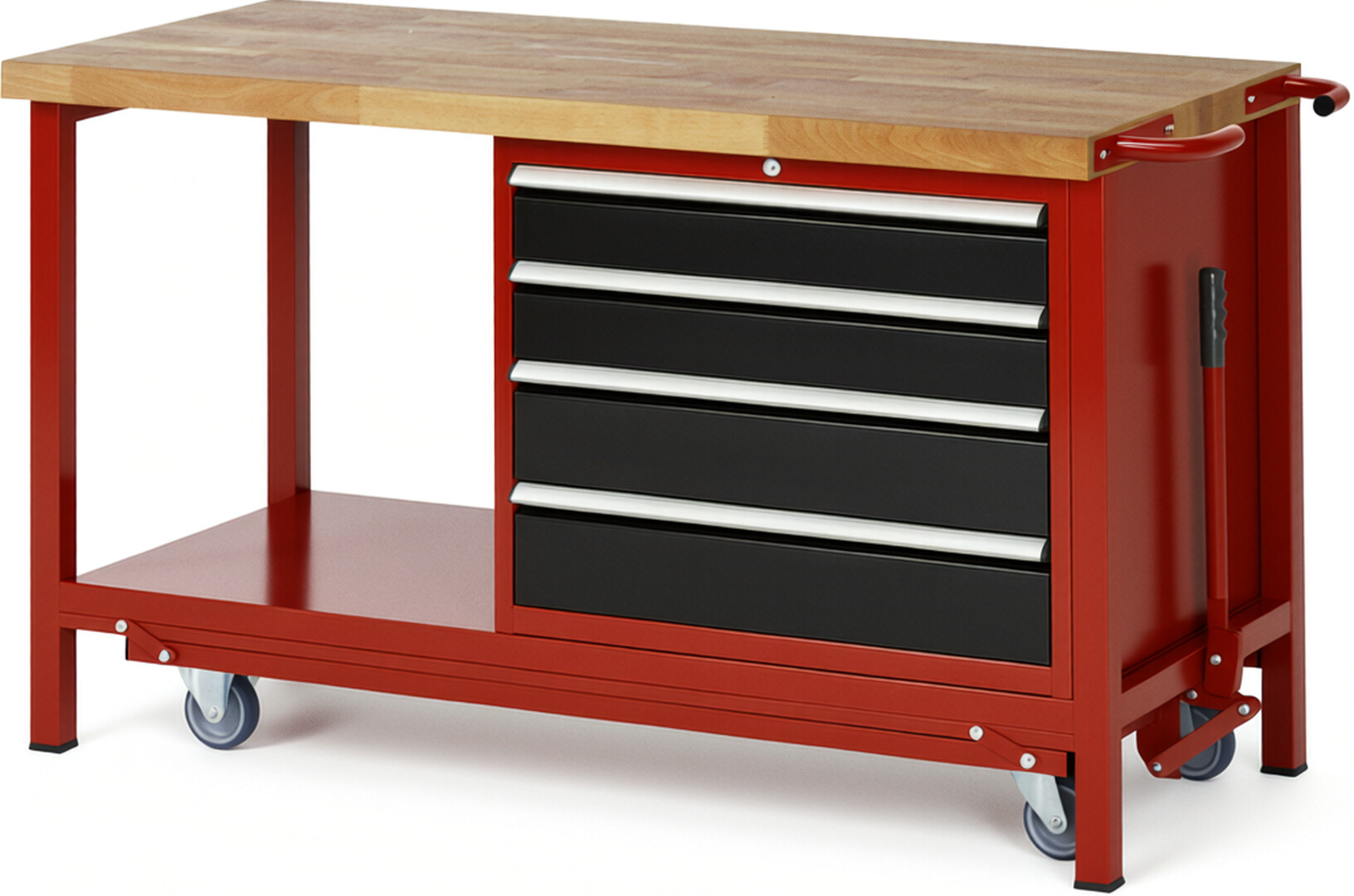 Absenkbare Werkbank Modell 8262 rot - schwarz, BxTxH 1500x700x880 mm,  Buche-Massiv Arbeitsplatte 40 mm,  4 Schubladen mit  Auszug 90 %