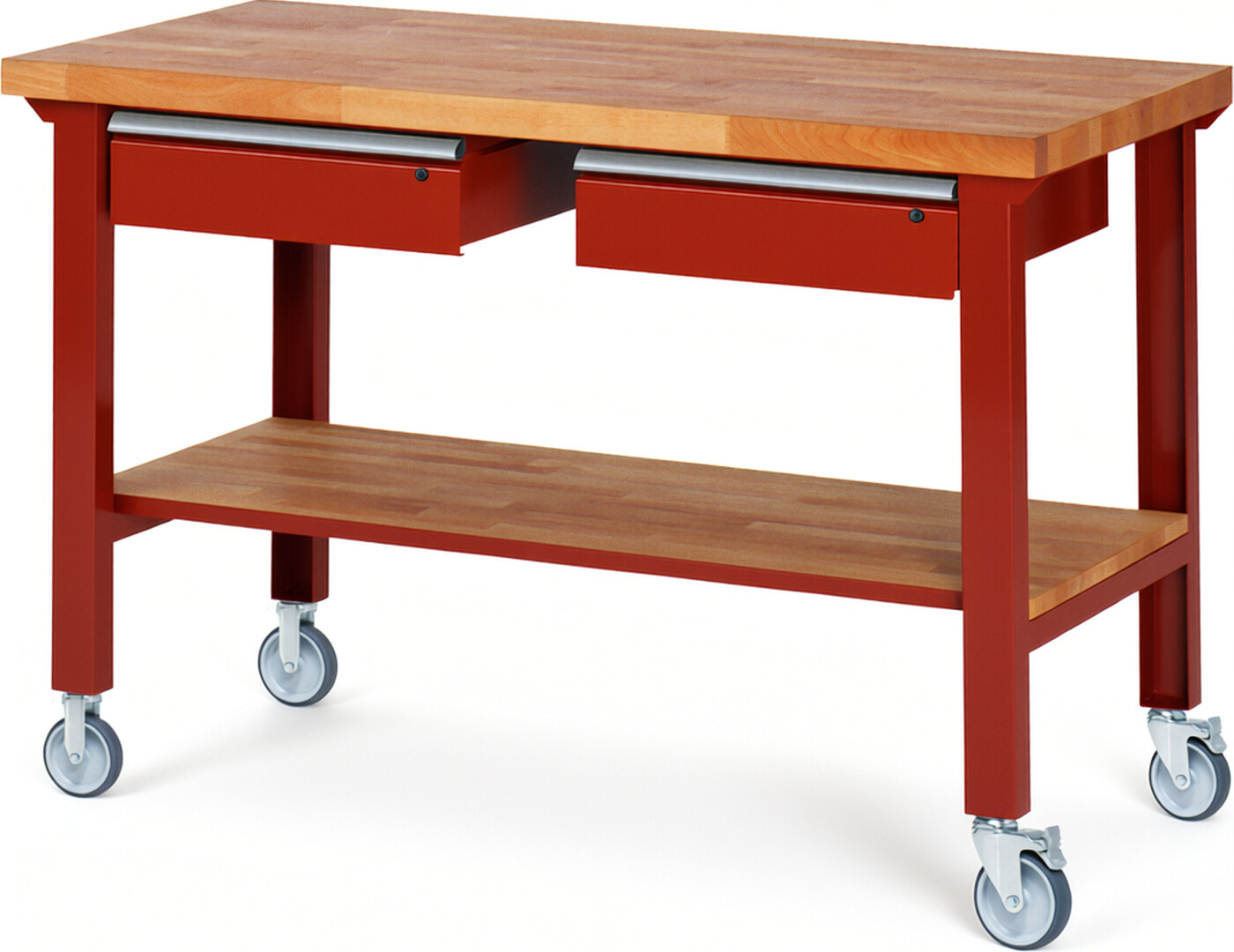 Fahrbare Werkbank Modell 7002 rot, BxTxH 1500x700x1000 mm,  Buche-Massiv Arbeitsplatte 40 mm,  2 Schubladen mit  Auszug 90 %