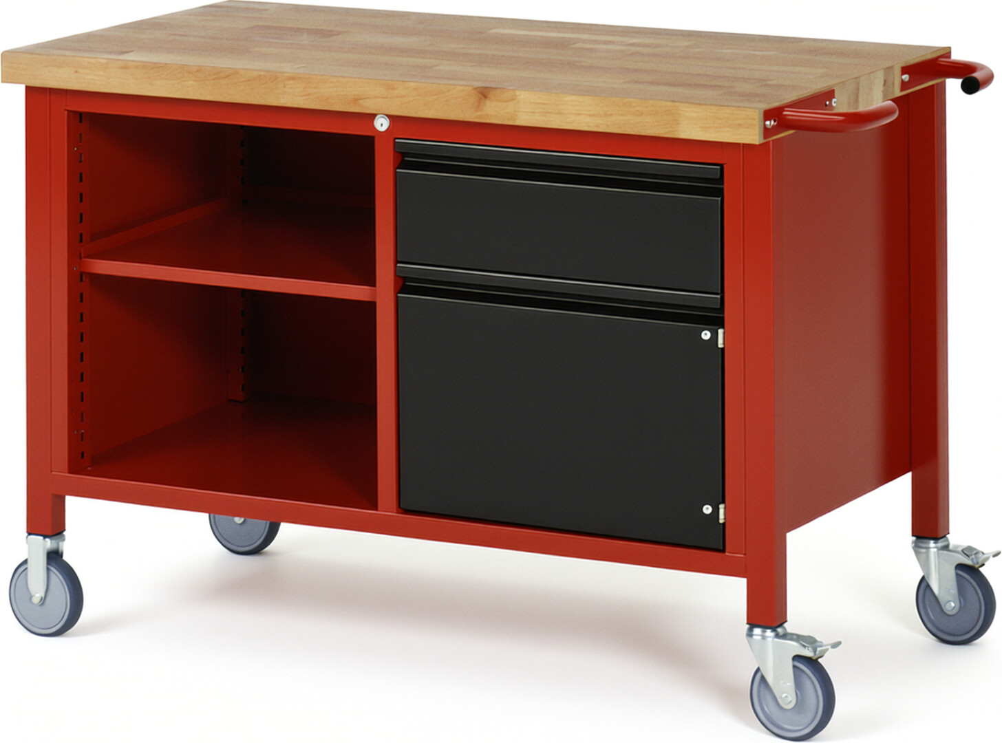 Fahrbare Werkbank - Modell 8461 BASIC rot - schwarz, BxTxH 1250x700x880 mm,  Buche-Massiv Arbeitsplatte 40 mm,  1 Schublade mit  Auszug 90 %
