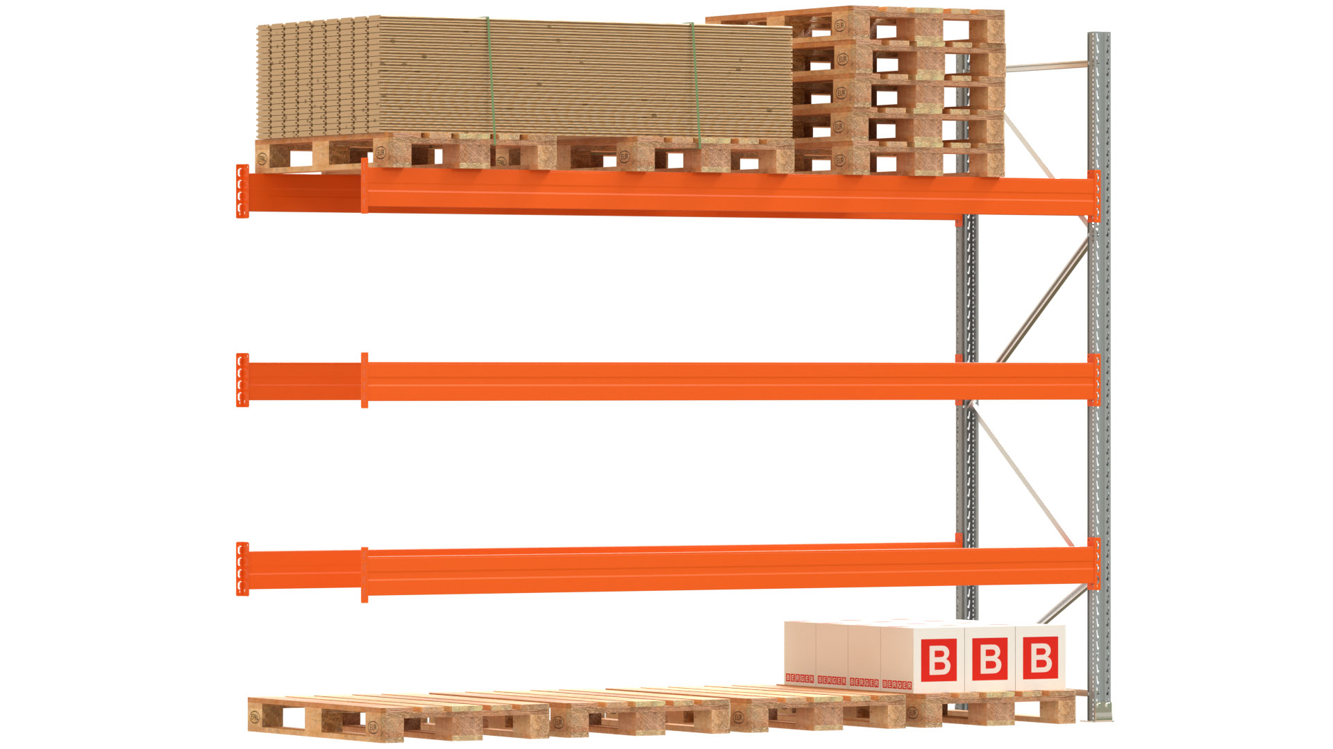 Palettenregal ARTUS - Anbaufeld - Breite 368,5 cm - Höhe 300 cm - Tiefe 110 cm - 3 Träger Ebenen