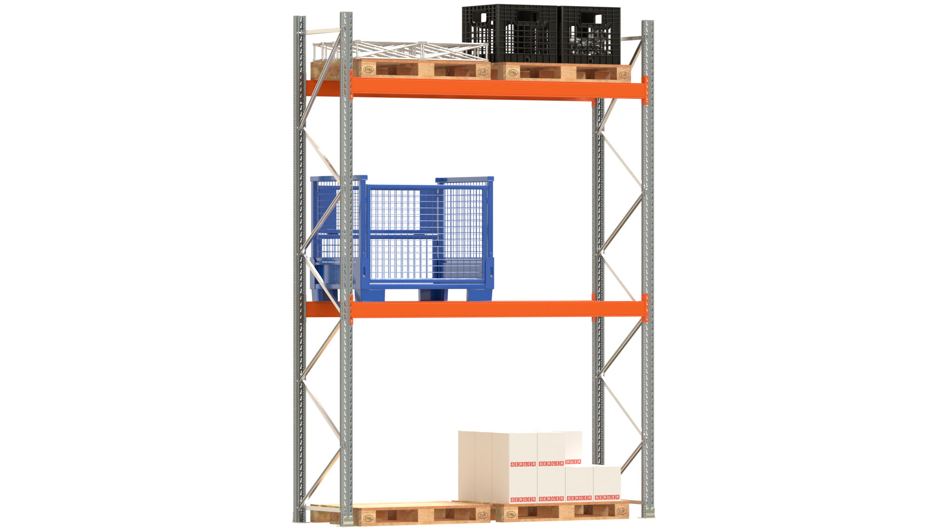 Palettenregal ARTUS - Breite 287 cm - Höhe 400 cm - Tiefe 80 cm - 2 Träger-Ebenen - Fachlast 3000 kg - 6 Palettenstellplätze