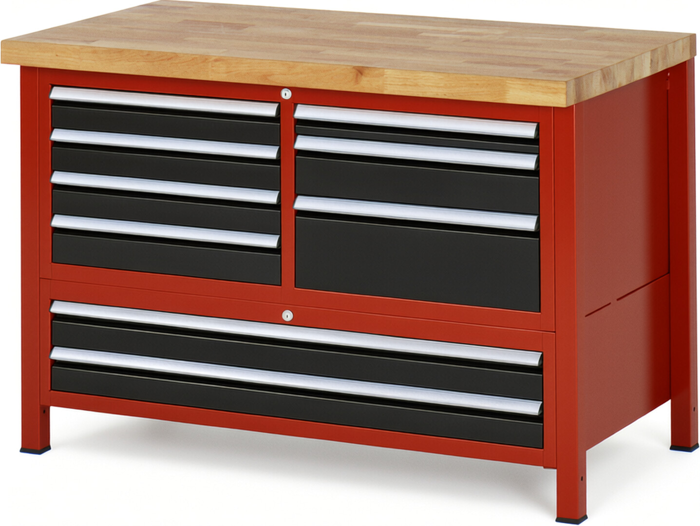 Werkbank Modell 8933 rot - schwarz, BxTxH 1250x700x840 mm,  Buche-Massiv Arbeitsplatte 40 mm,  9 Schubladen mit  Auszug 90 %