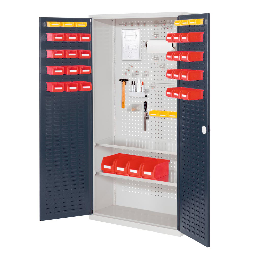 Werkzeugschrank, BxTxH 1000x410x1950 mm, 2 Fachb. Türen mit Schlitzpl., RAL 7016