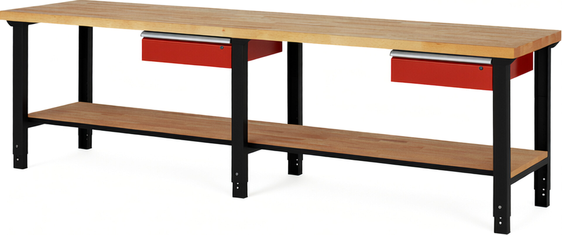 RAU Werkbank schwarz - rot - Breite 300 cm - Tiefe 70 cm - Höhe 114 cm - Buche-Massiv Arbeitsplatte 40 mm