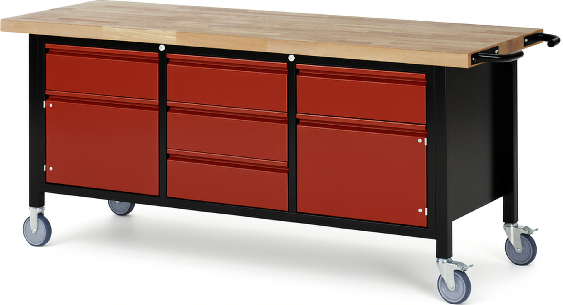 RAU Werkbank schwarz - rot - Breite 200 cm - Tiefe 70 cm - Höhe 88 cm - Buche-Massiv Arbeitsplatte 40 mm