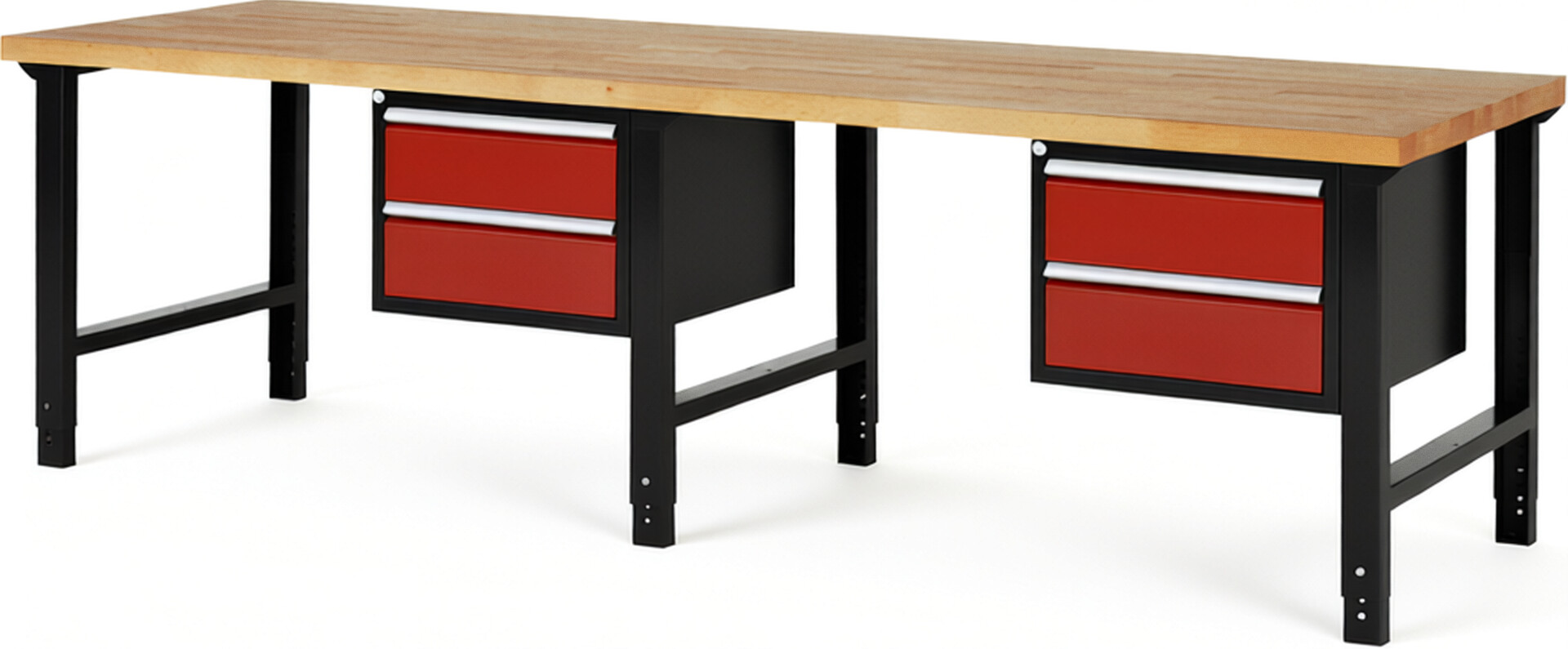 RAU Werkbank schwarz - rot - Breite 300 cm - Tiefe 90 cm - Höhe 114 cm - Buche-Massiv Arbeitsplatte 40 mm