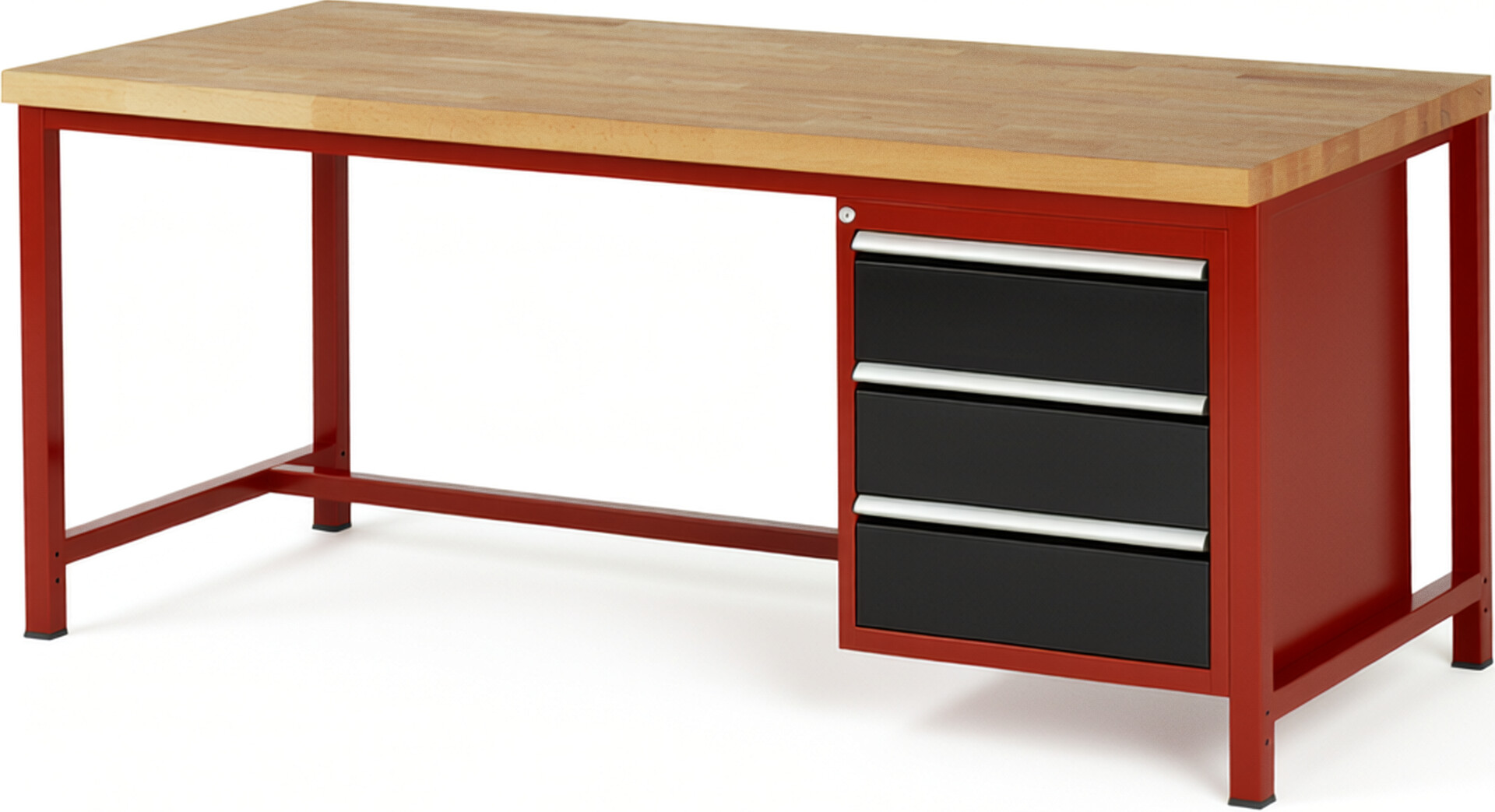 Werkbank Modell 8157 rot - schwarz, BxTxH 2000x900x840 mm,  Buche-Massiv Arbeitsplatte 40 mm,  3 Schubladen mit  Auszug 90 %