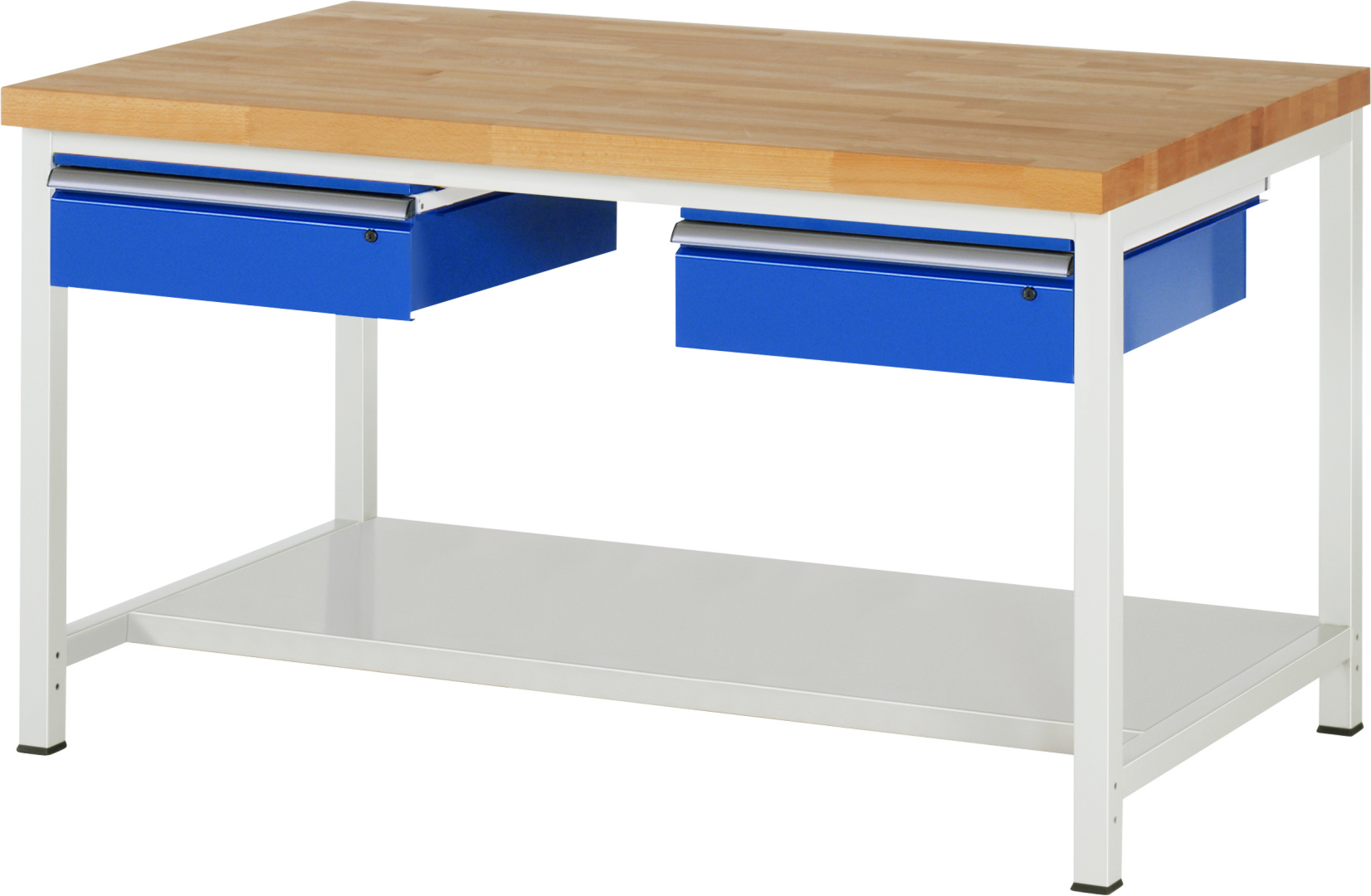 Werkbank Modell 8002,  BxTxH 1500x900x840-1040 mm,  Buche-Massiv Arbeitsplatte 40 mm,  2 Schubladen mit  Auszug 90 %