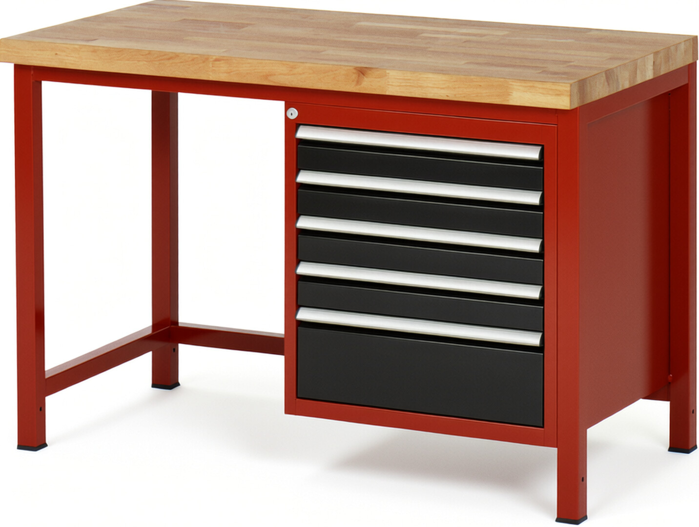 Werkbank Modell 8168 rot - schwarz, BxTxH 1250x700x840 mm,  Buche-Massiv Arbeitsplatte 40 mm,  5 Schubladen mit  Vollauszug 100 % und  SoftClosing