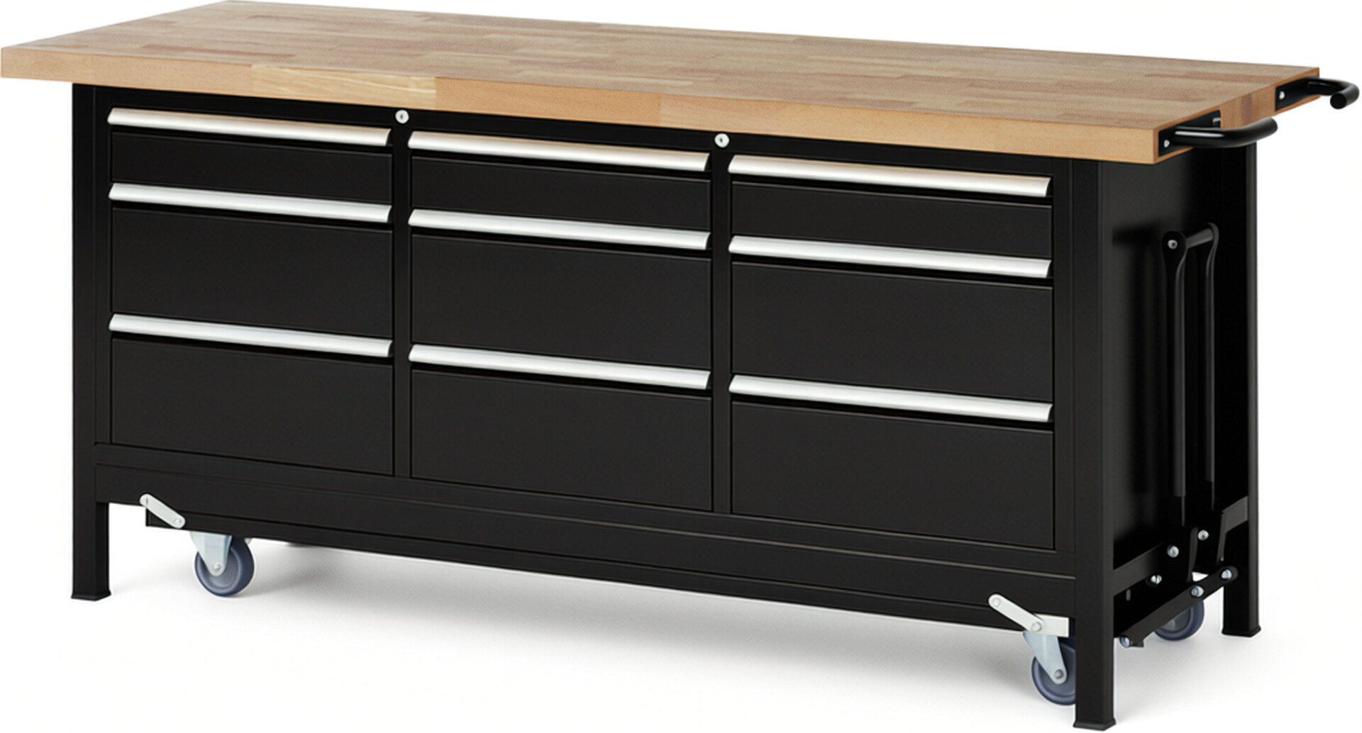 Absenkbare Werkbank Modell 8573 schwarz, BxTxH 2000x700x880 mm,  Buche-Massiv Arbeitsplatte 40 mm,  9 Schubladen mit  Vollauszug 100 % und  SoftClosing