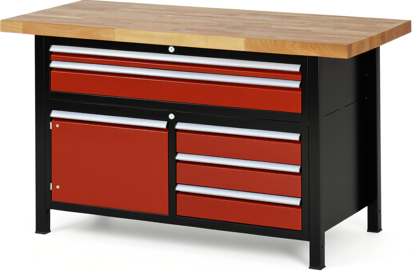 Werkbank Modell 8922 schwarz-rot, BxTxH 1500x700x840-1040 mm,  Buche-Massiv Arbeitsplatte 40 mm,  5 Schubladen mit  Vollauszug 100 % und  SoftClosing