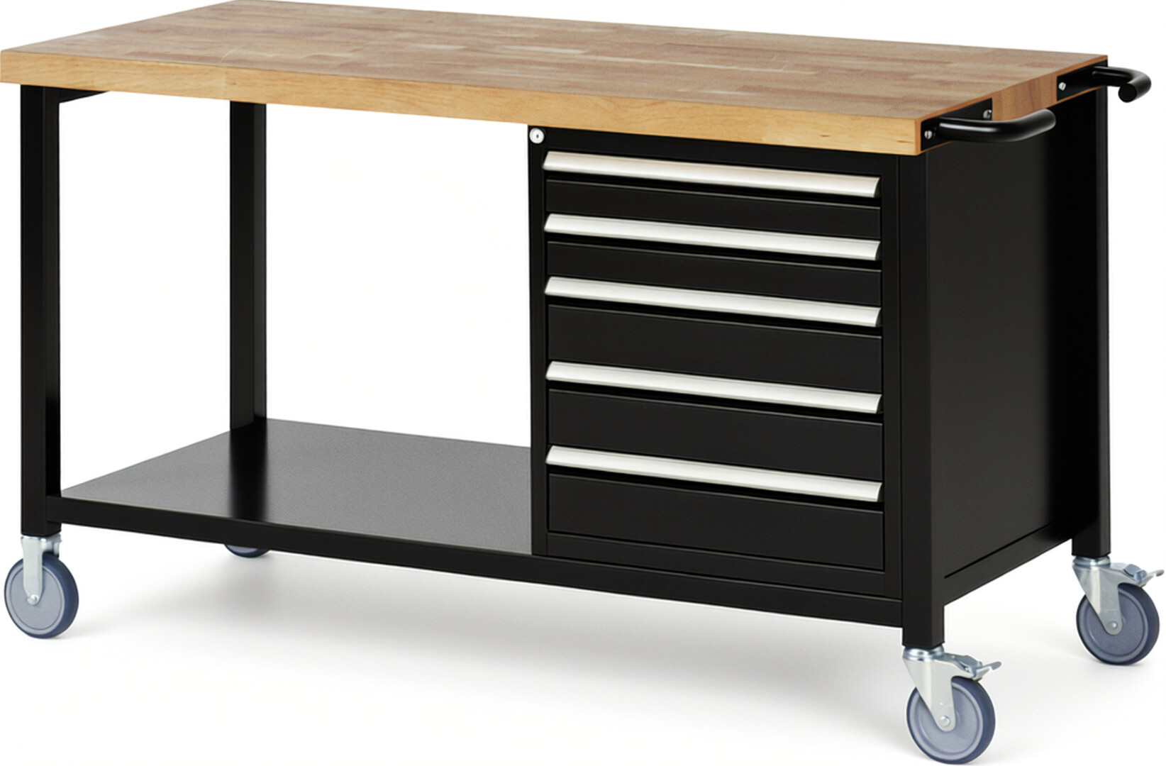 Fahrbare Werkbank Modell 8171 schwarz, BxTxH 1500x700x880 mm,  Buche-Massiv Arbeitsplatte 40 mm,  5 Schubladen mit  Vollauszug 100 % und  SoftClosing