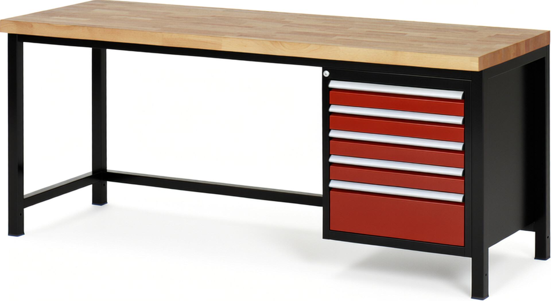 RAU Werkbank schwarz - rot - Breite 200 cm - Tiefe 70 cm - Höhe 104 cm - Buche-Massiv Arbeitsplatte 40 mm