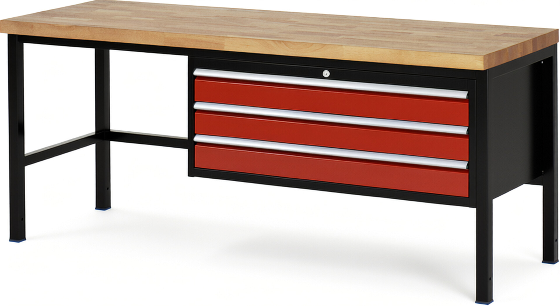 RAU Werkbank schwarz - rot - Breite 200 cm - Tiefe 70 cm - Höhe 104 cm - Buche-Massiv Arbeitsplatte 40 mm