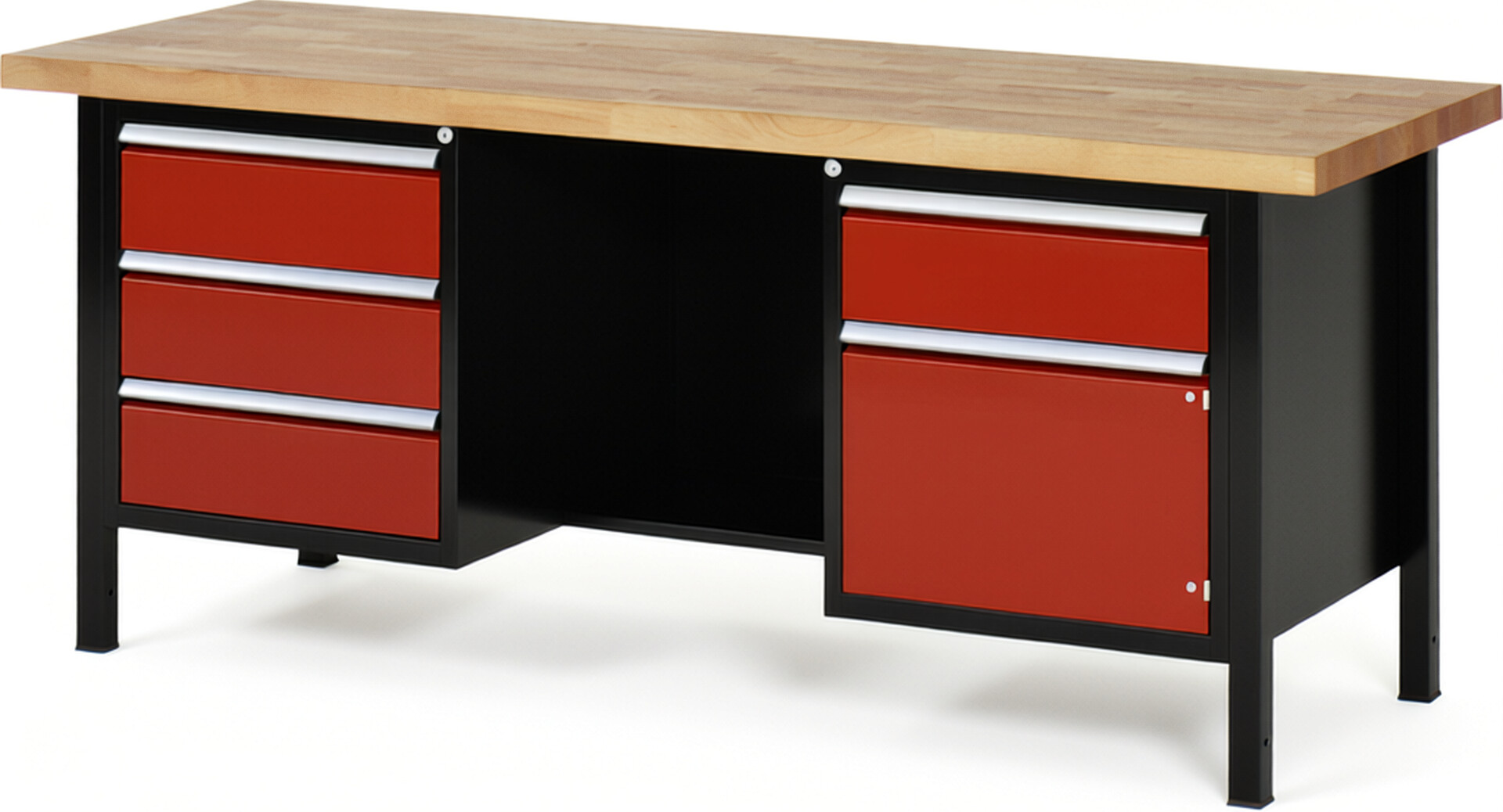 RAU Werkbank schwarz - rot - Breite 200 cm - Tiefe 70 cm - Höhe 104 cm - Buche-Massiv Arbeitsplatte 40 mm