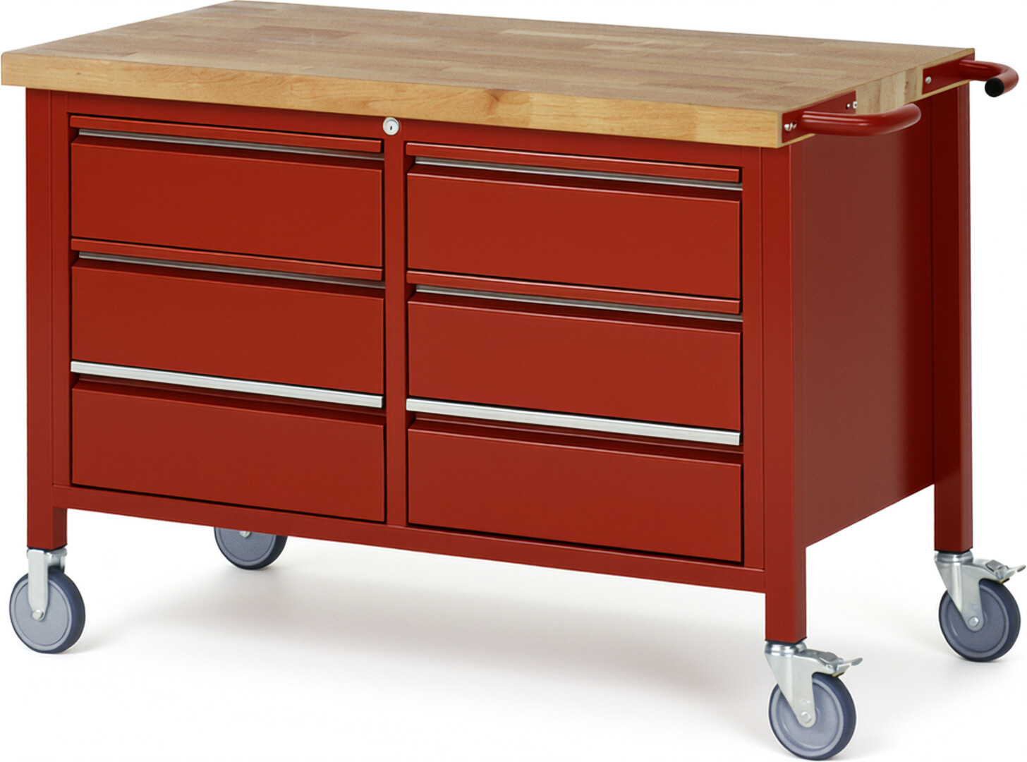 Fahrbare Werkbank - Modell 8473 BASIC rot, BxTxH 1250x700x880 mm,  Buche-Massiv Arbeitsplatte 40 mm,  6 Schubladen mit  Auszug 90 %