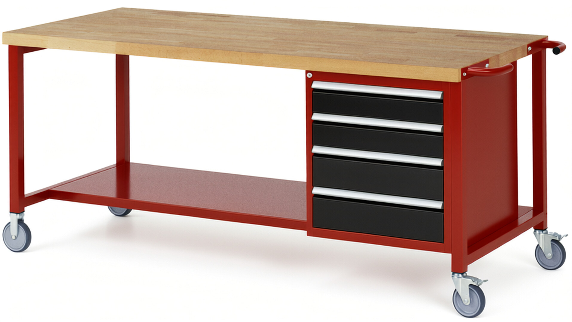 Fahrbare Werkbank Modell 8162 rot - schwarz, BxTxH 2000x900x880 mm,  Buche-Massiv Arbeitsplatte 40 mm,  4 Schubladen mit  Auszug 90 %